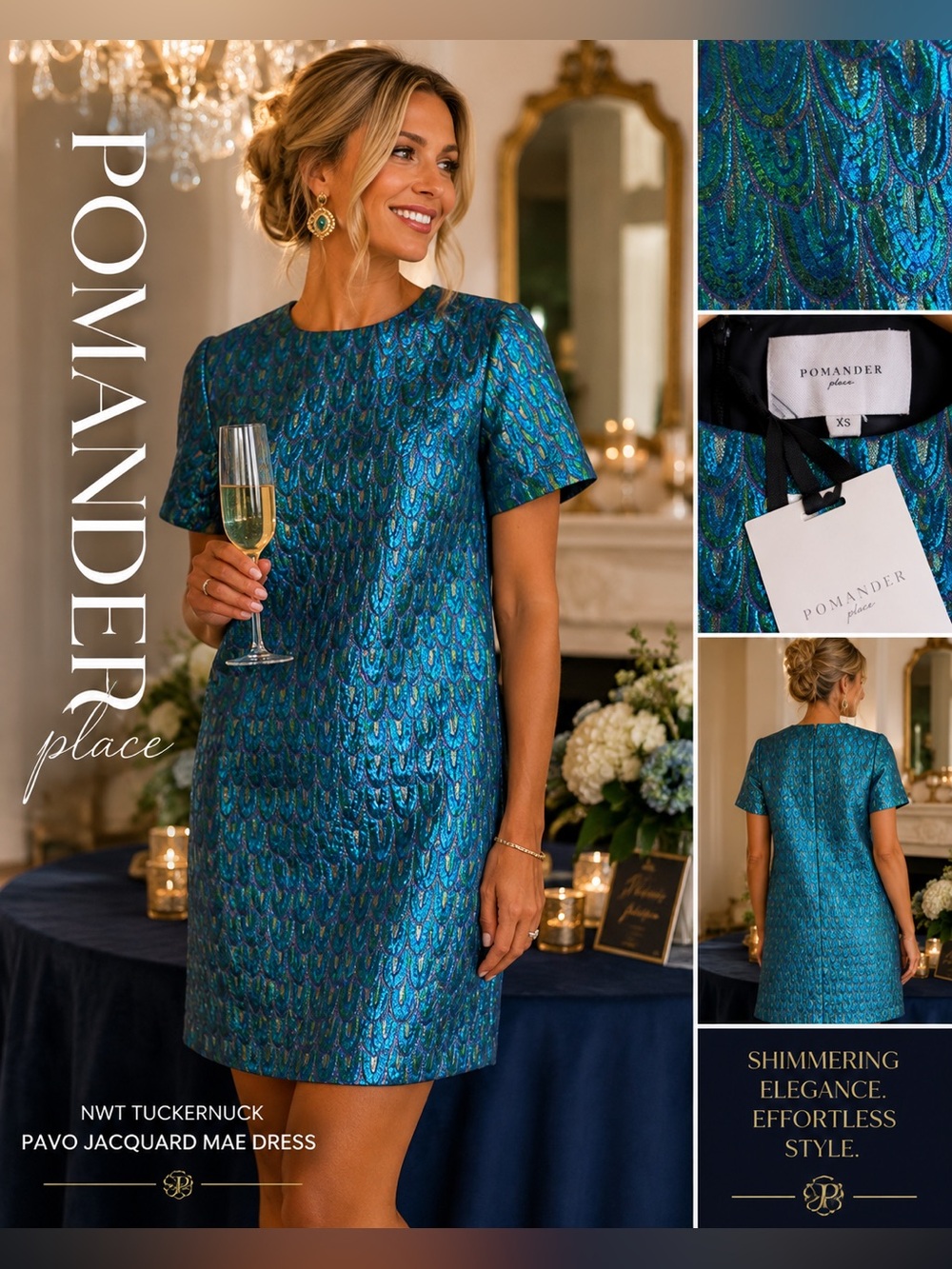 NWT Pomander Place by Tuckernuck Metallic Jacquard Peacock Shift Dress Size XS - Picture 5 of 9